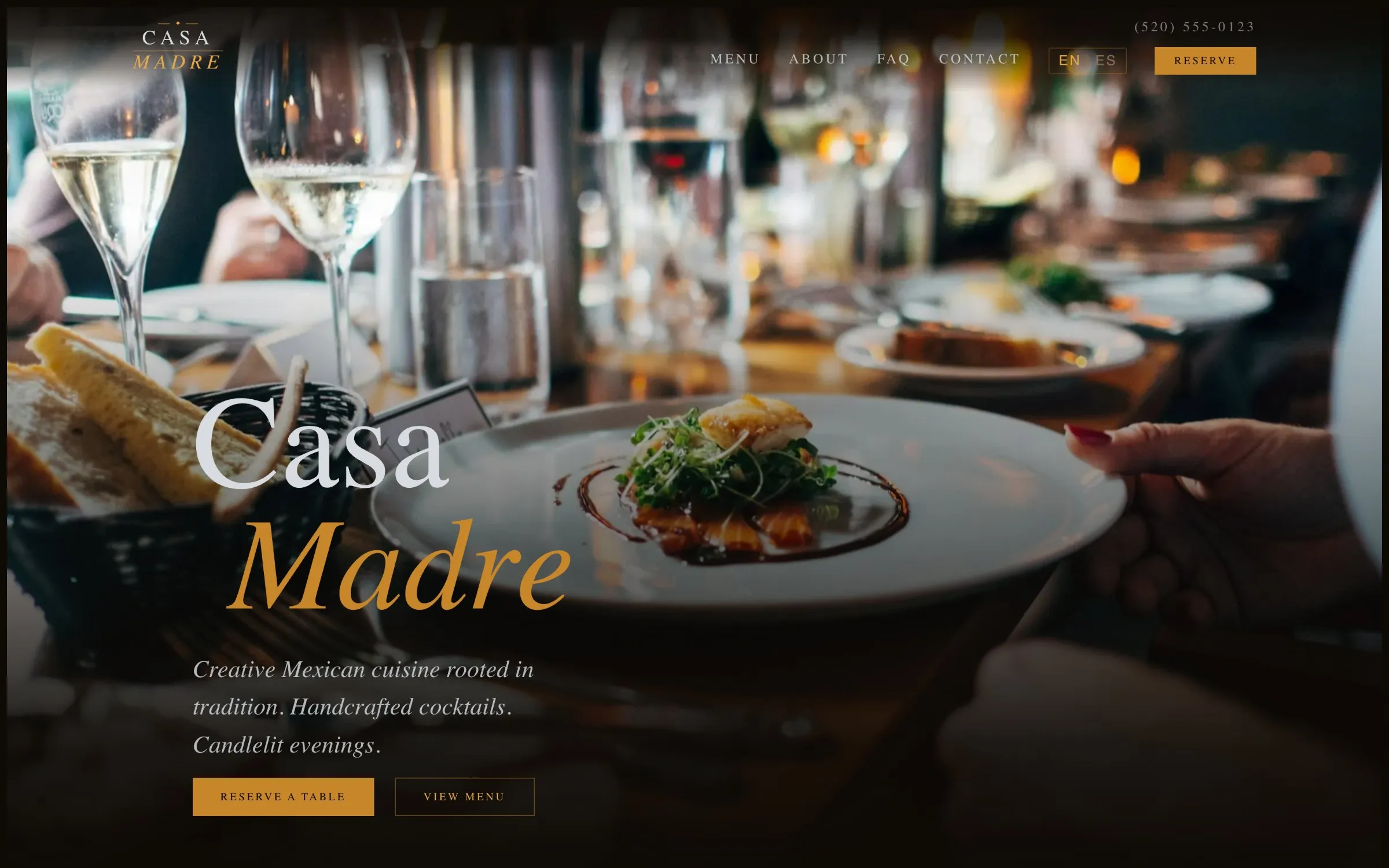 Casa Madre homepage: plated dish under candlelight with the Casa Madre wordmark