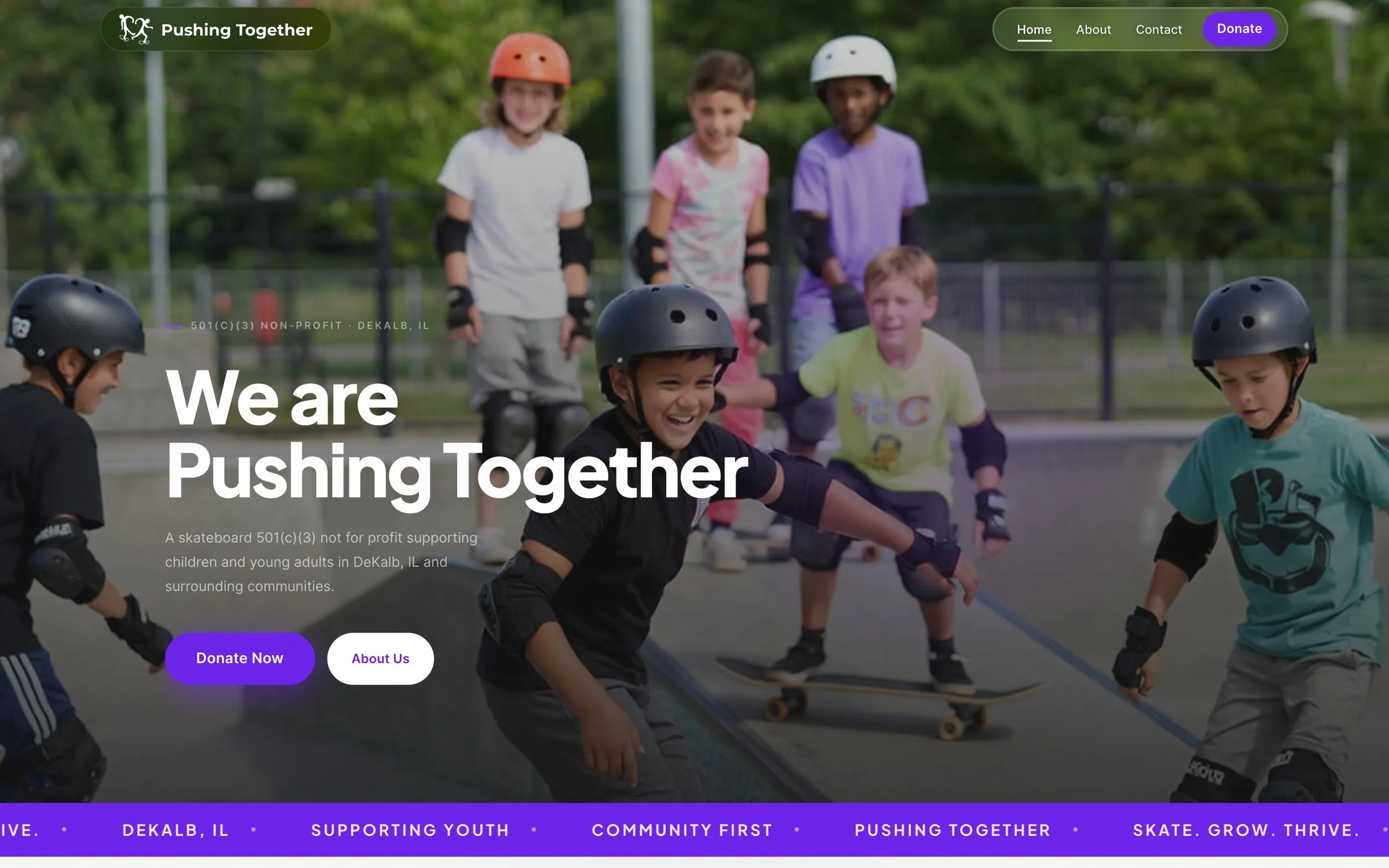 Pushing Together homepage: kids skating under the headline We are Pushing Together