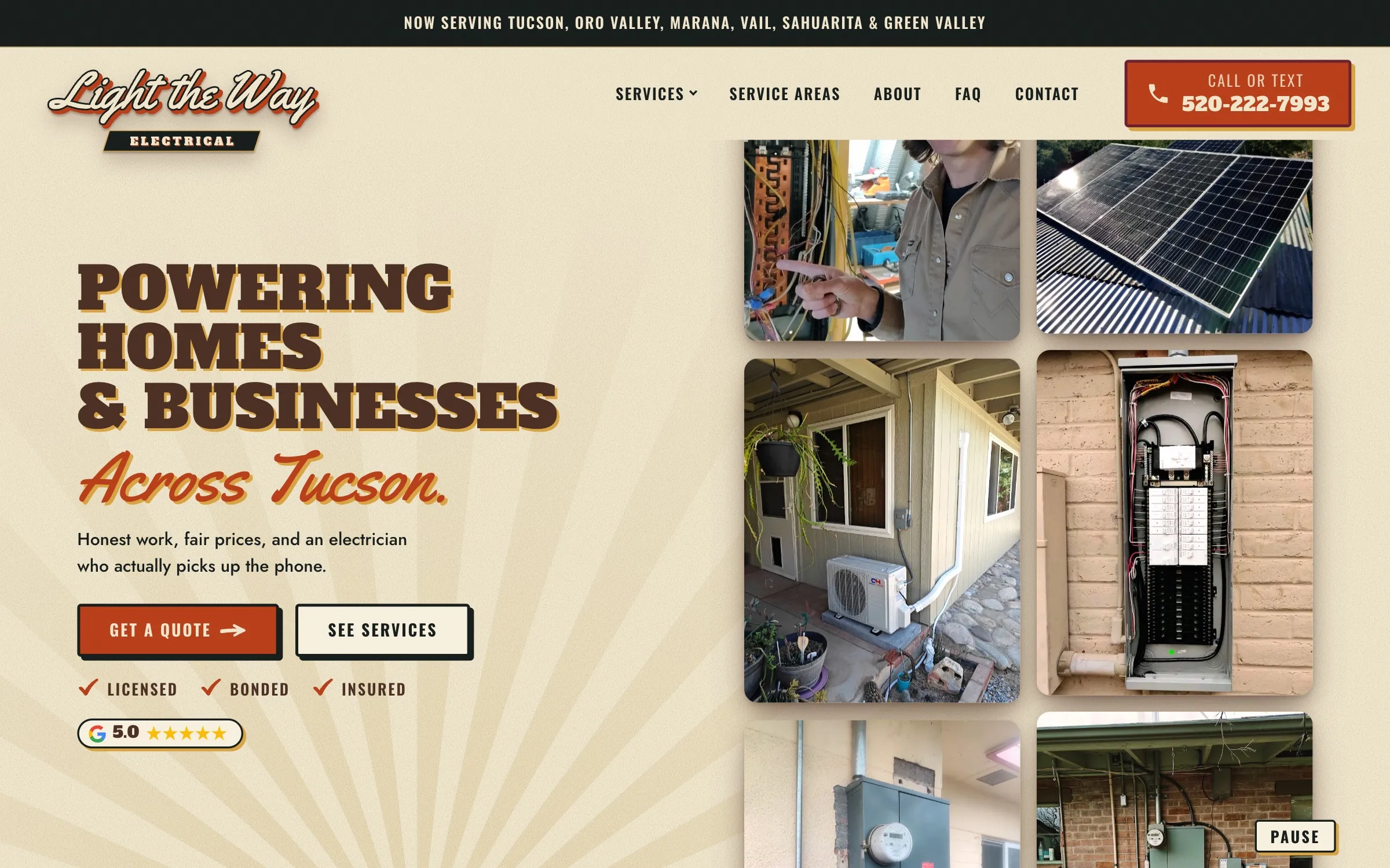 Homepage: sign-painted headline beside a column of job photos