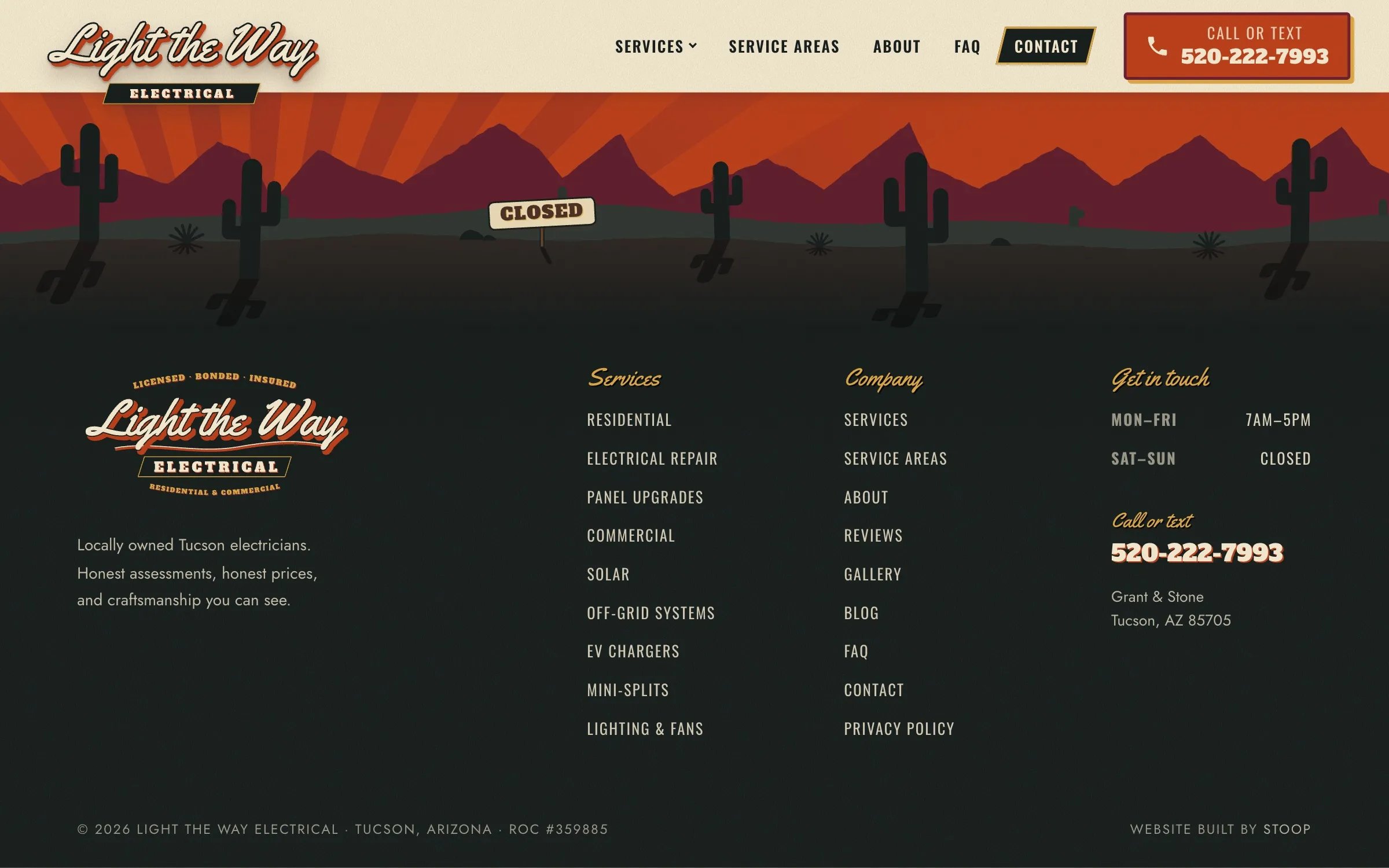 Footer: a desert sunset with cacti and a Closed sign, above the site links