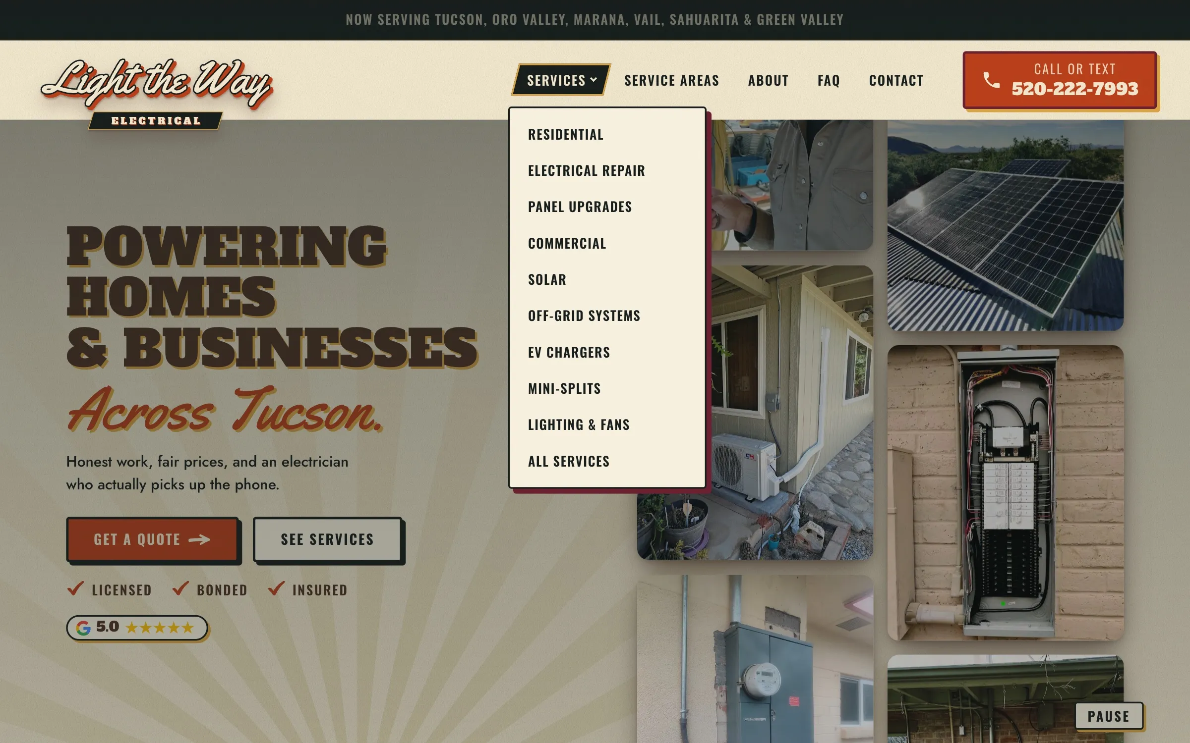 Homepage with the Services menu open