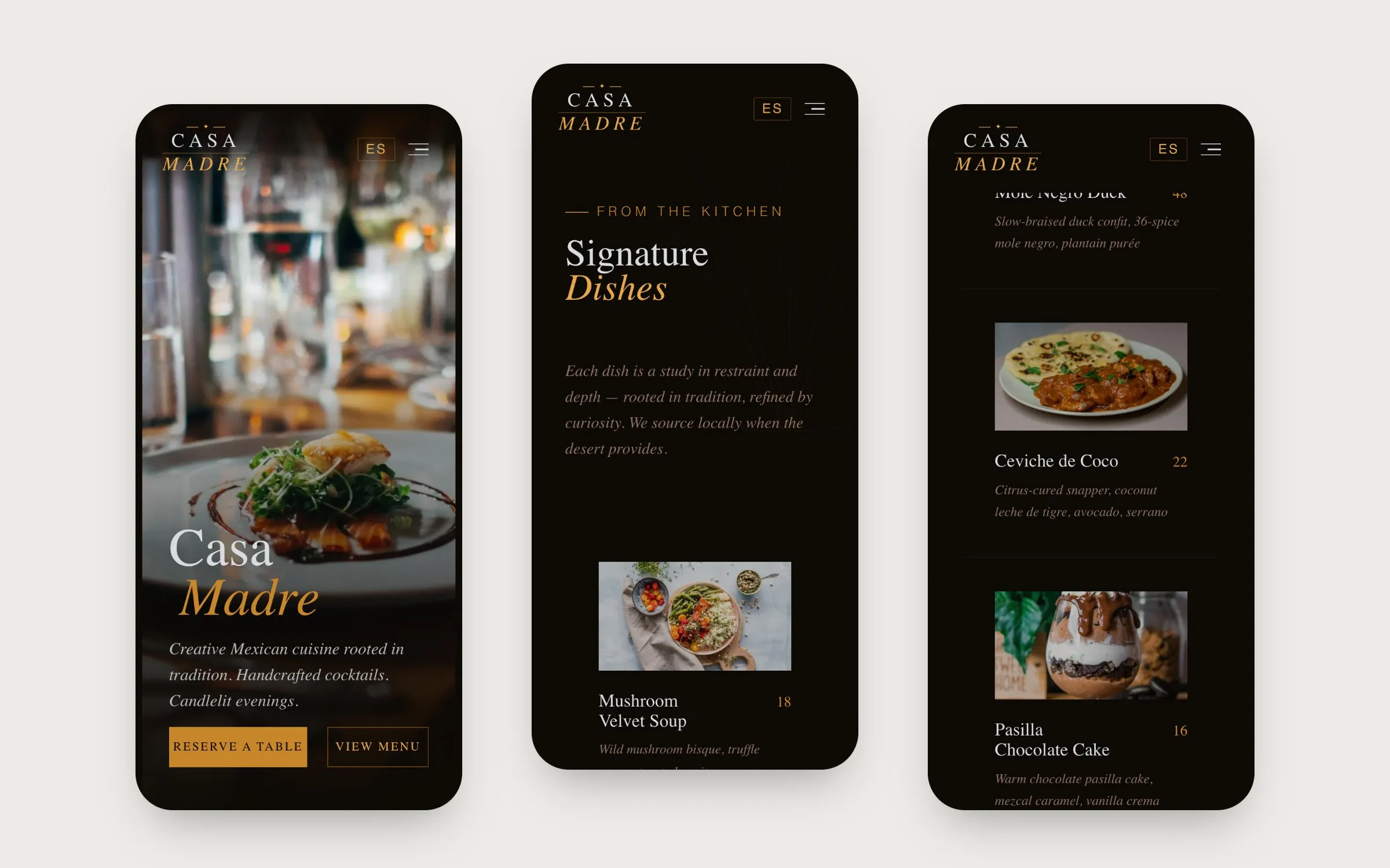 Casa Madre's homepage and signature dishes on a phone