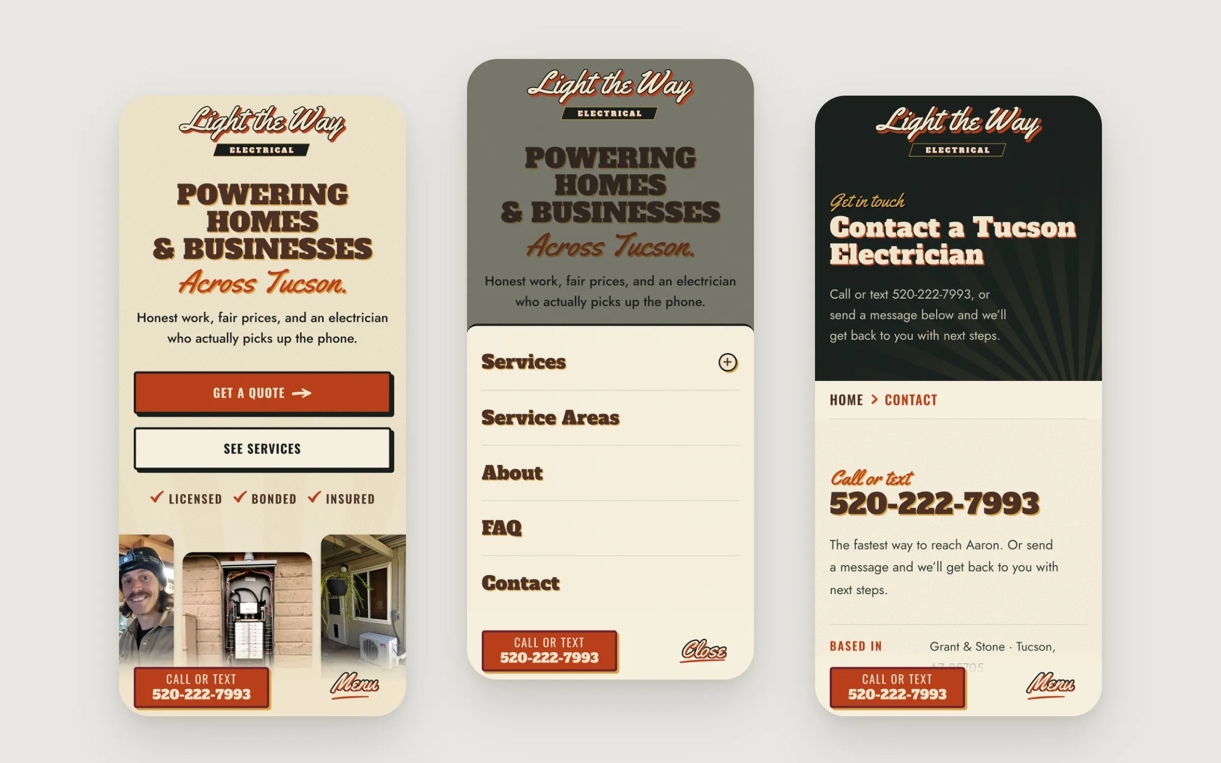 Home page, the open menu and the contact page on a phone